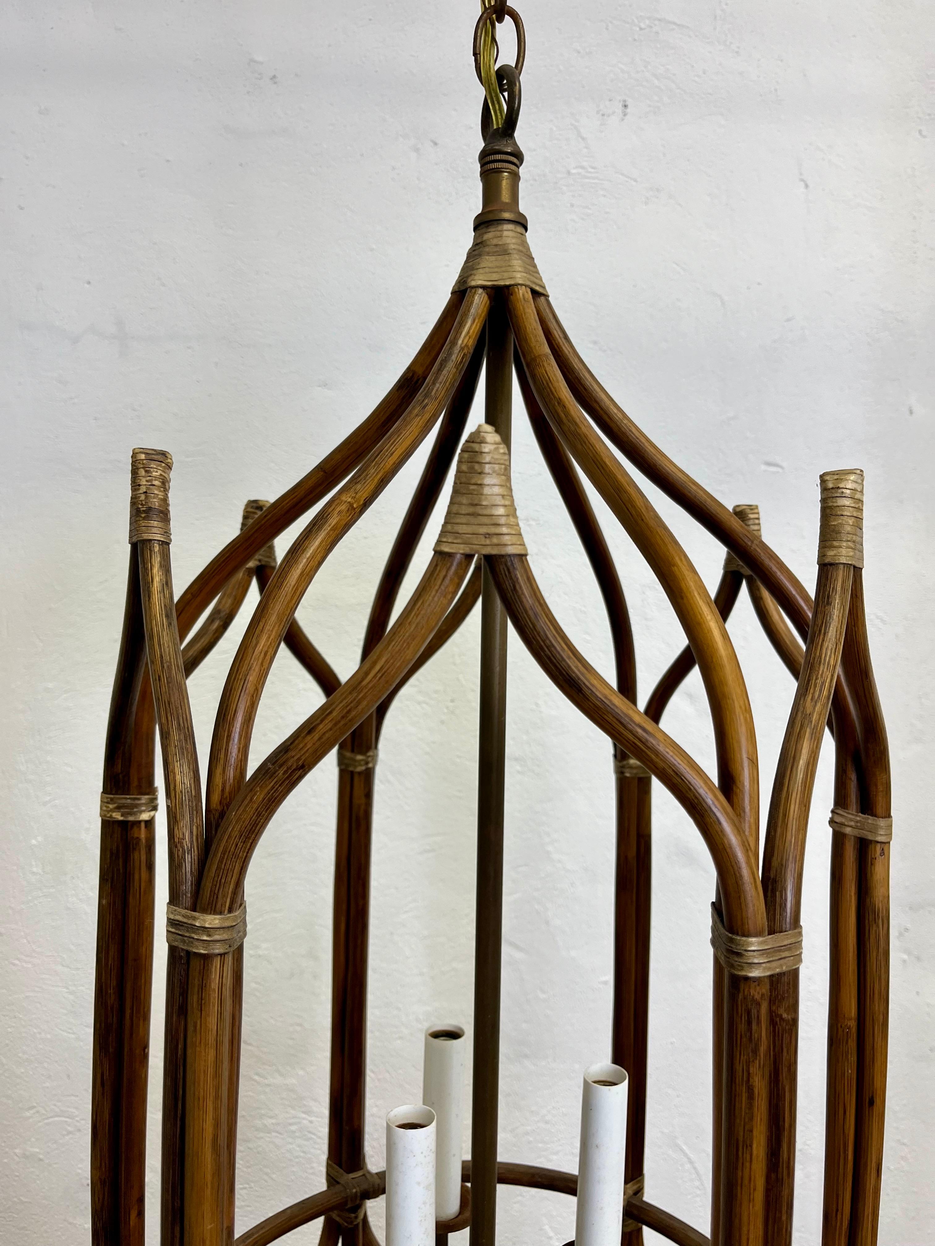 Unknown Vintage Rattan Chandelier Hexagon Pagoda Style