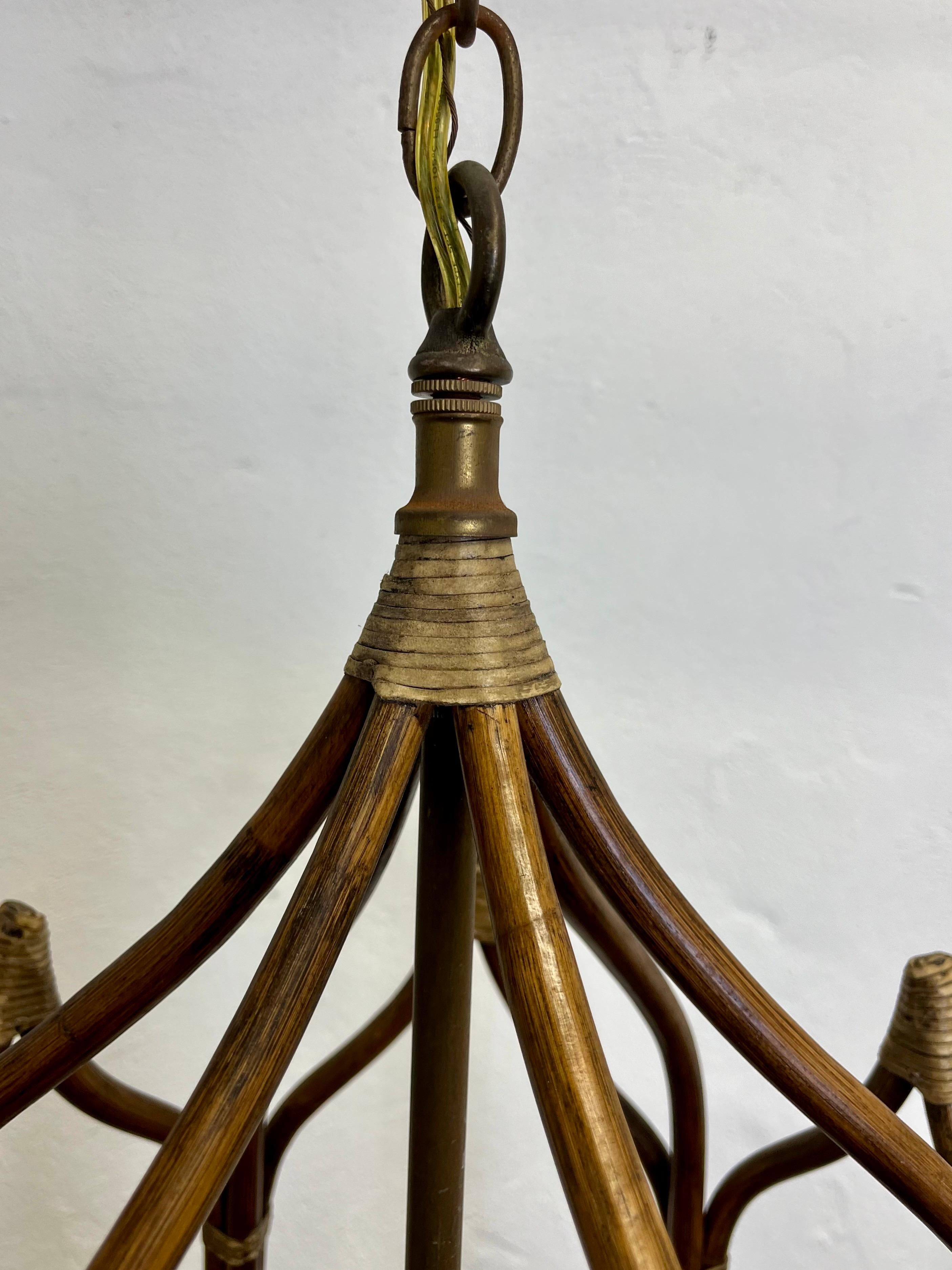 Vintage Rattan Chandelier Hexagon Pagoda Style In Good Condition In W Allenhurst, NJ