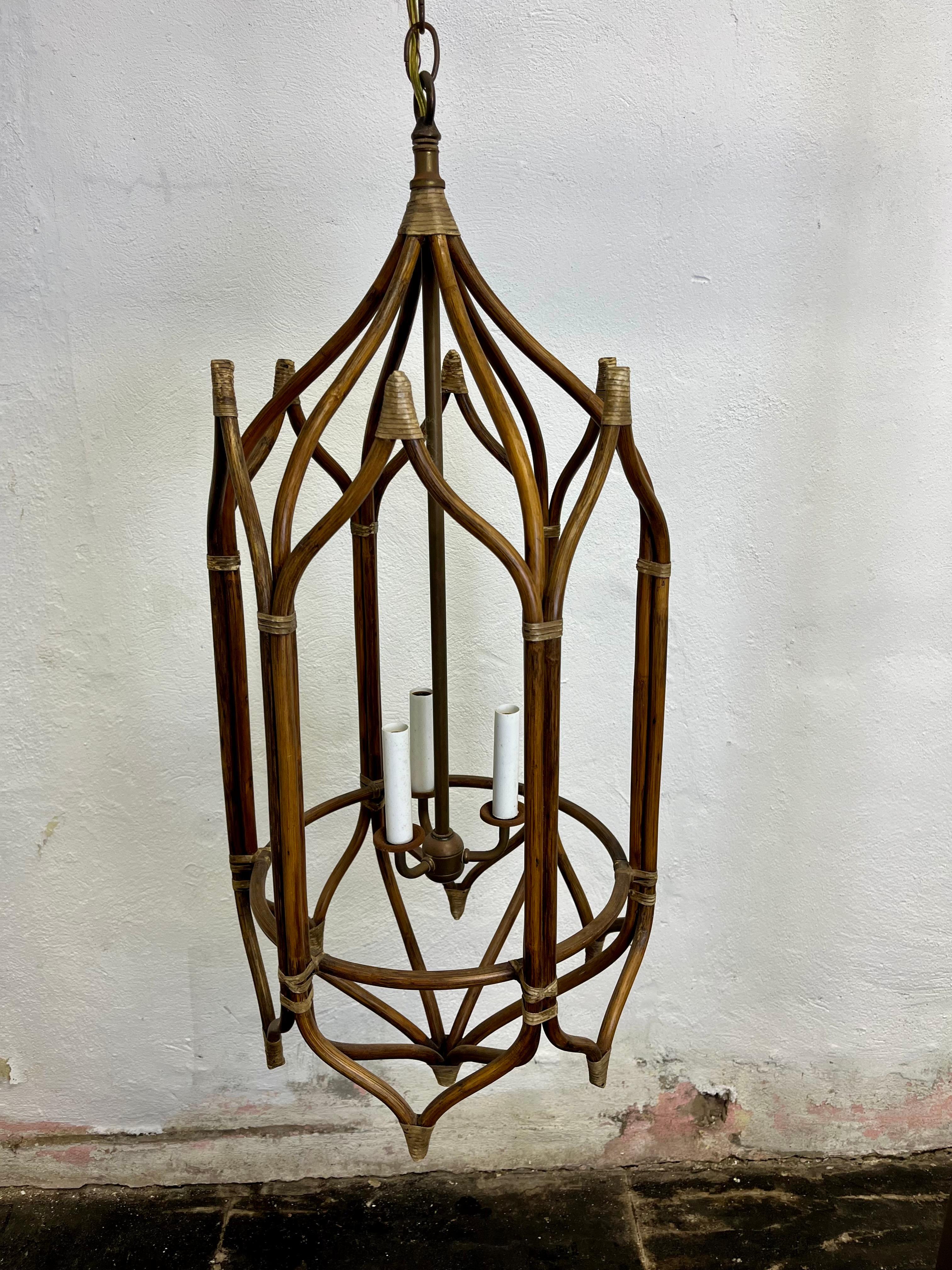 Late 20th Century Vintage Rattan Chandelier Hexagon Pagoda Style