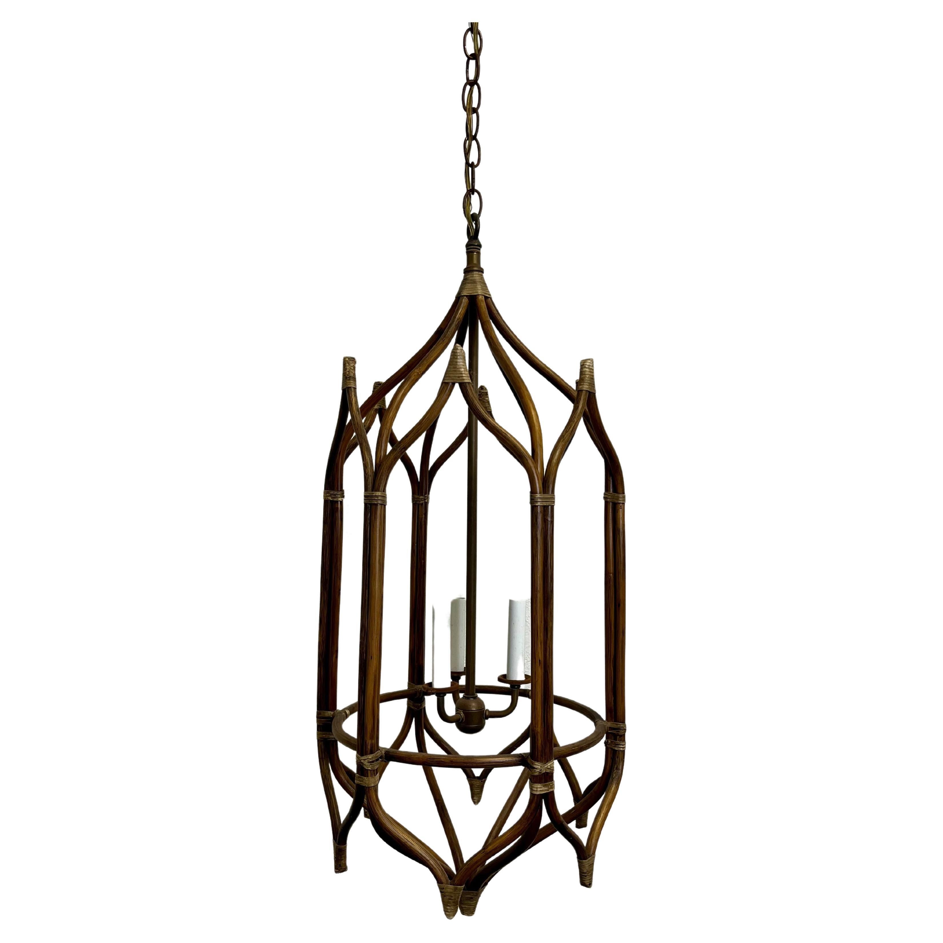 Vintage Rattan Chandelier Hexagon Pagoda Style