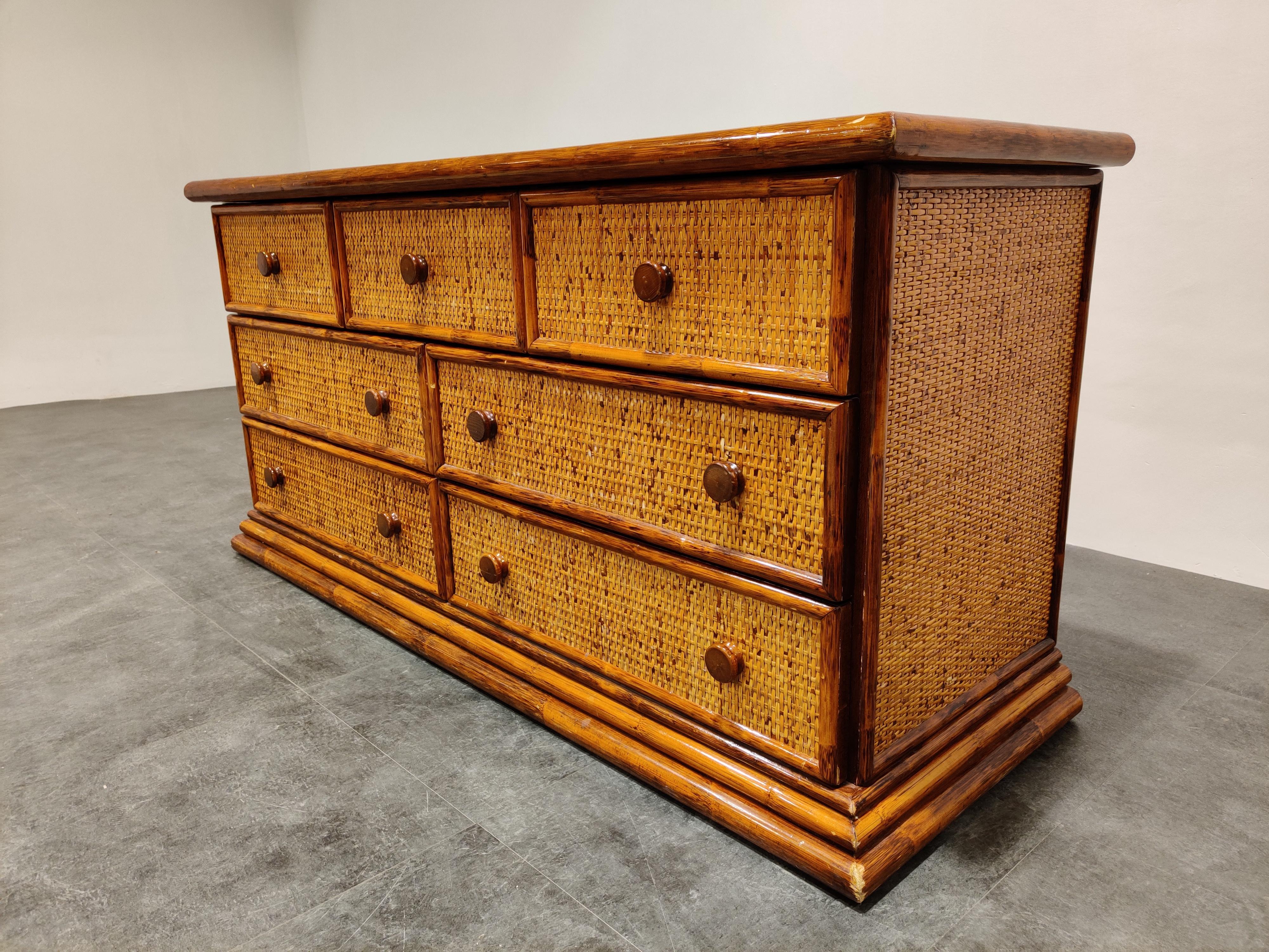 Vintage Rattan Chest of Drawers by Maugrion, 1970s In Good Condition In HEVERLEE, BE