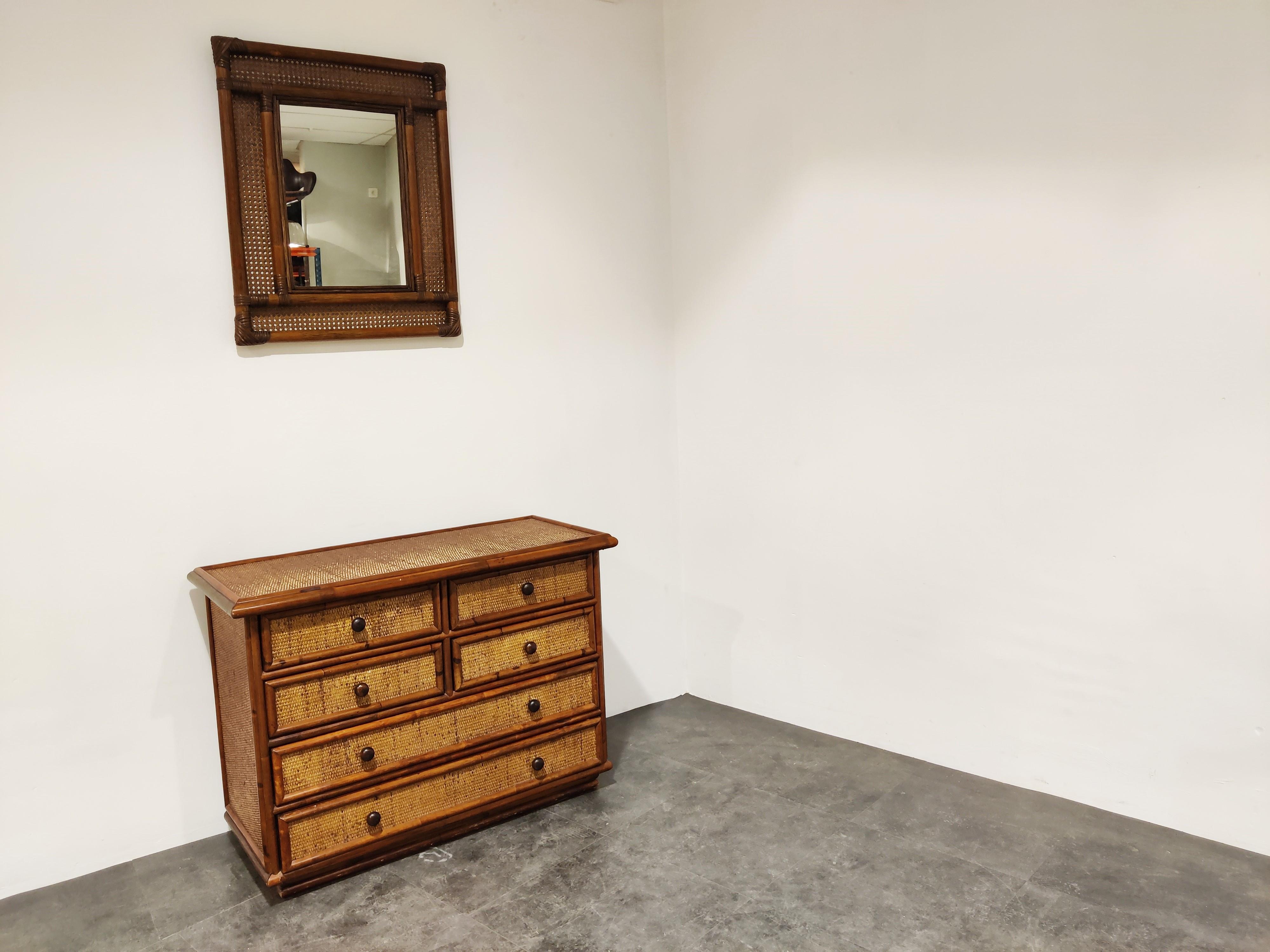 Bohemian Vintage Rattan Chest of Drawers with Mirror, 1960s