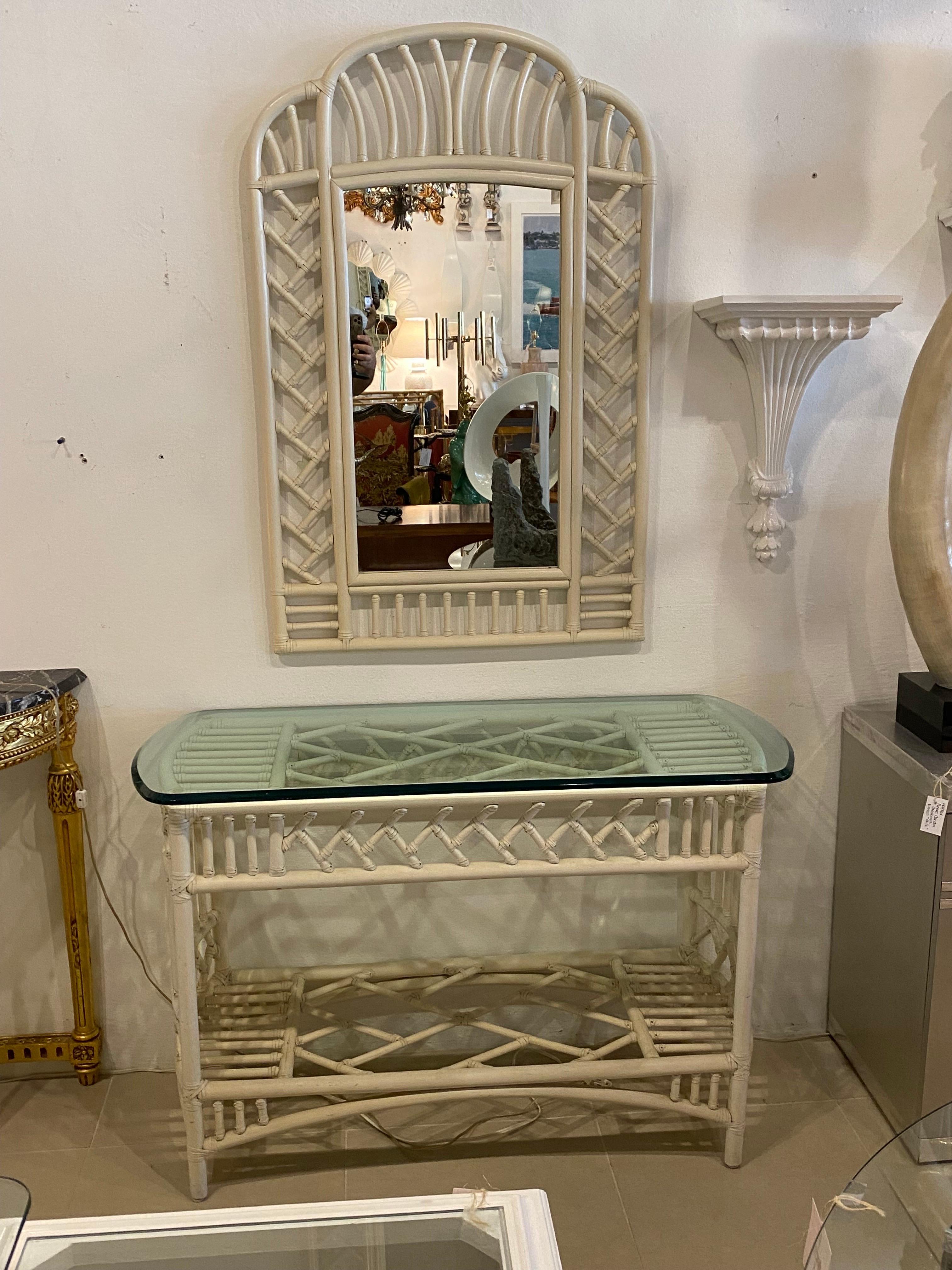 Vintage Rattan Chinese Chippendale Ficks Reed Console Table For Sale 6