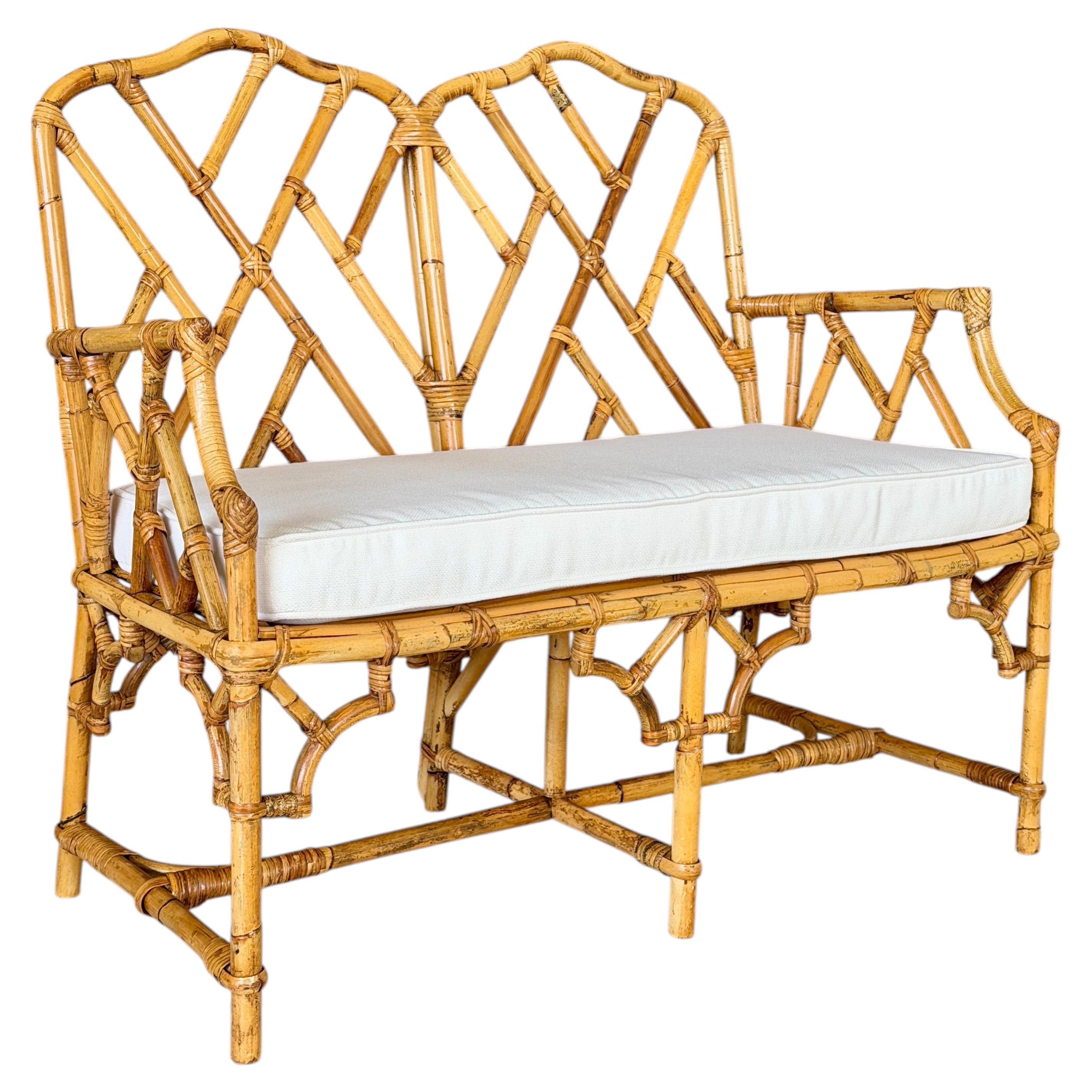 Vintage Rattan Chippendale Fretwork Settee Bench With New Sunbrella Cushion