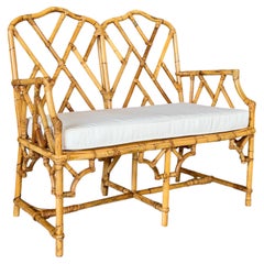Vintage Rattan Chippendale Fretwork Settee Bench With New Sunbrella Cushion
