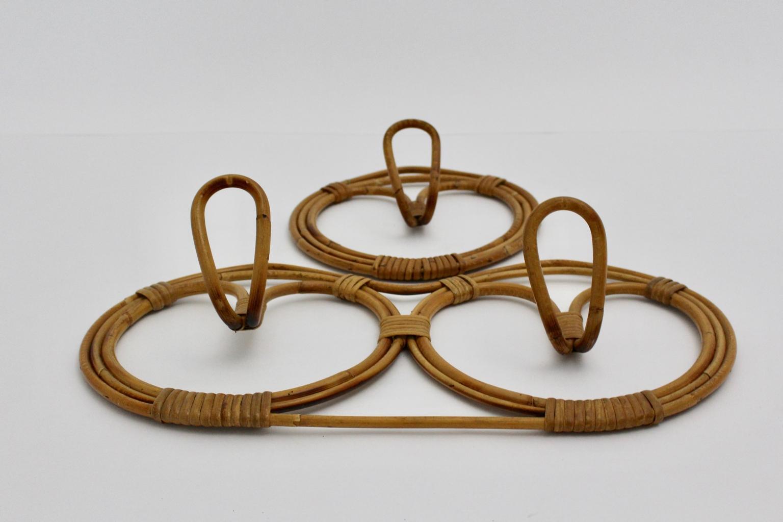 Mid-20th Century Vintage Brown Rattan Coat Hooks, Italy, 1960s