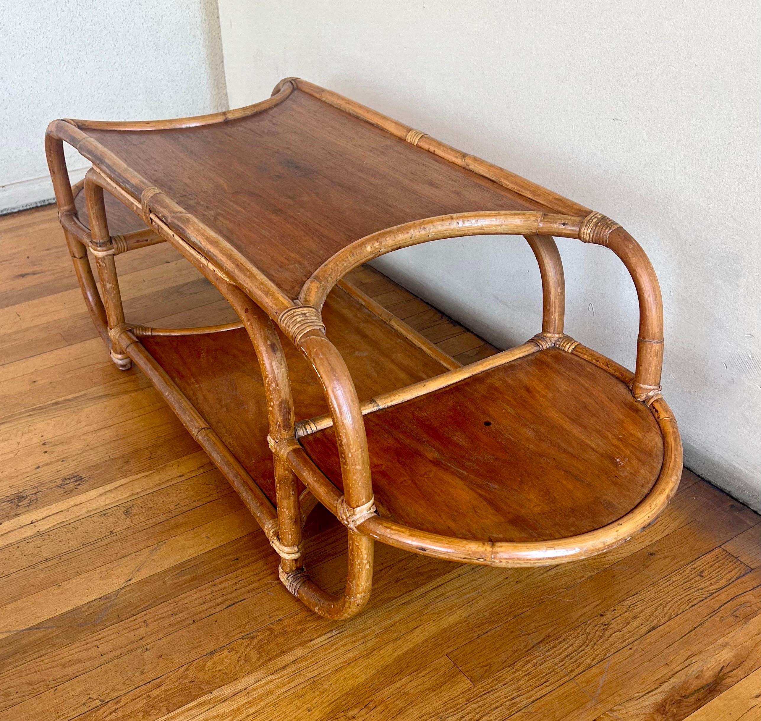 Vintage Rattan Coffee Table with Mahogany Tops In Fair Condition For Sale In San Diego, CA