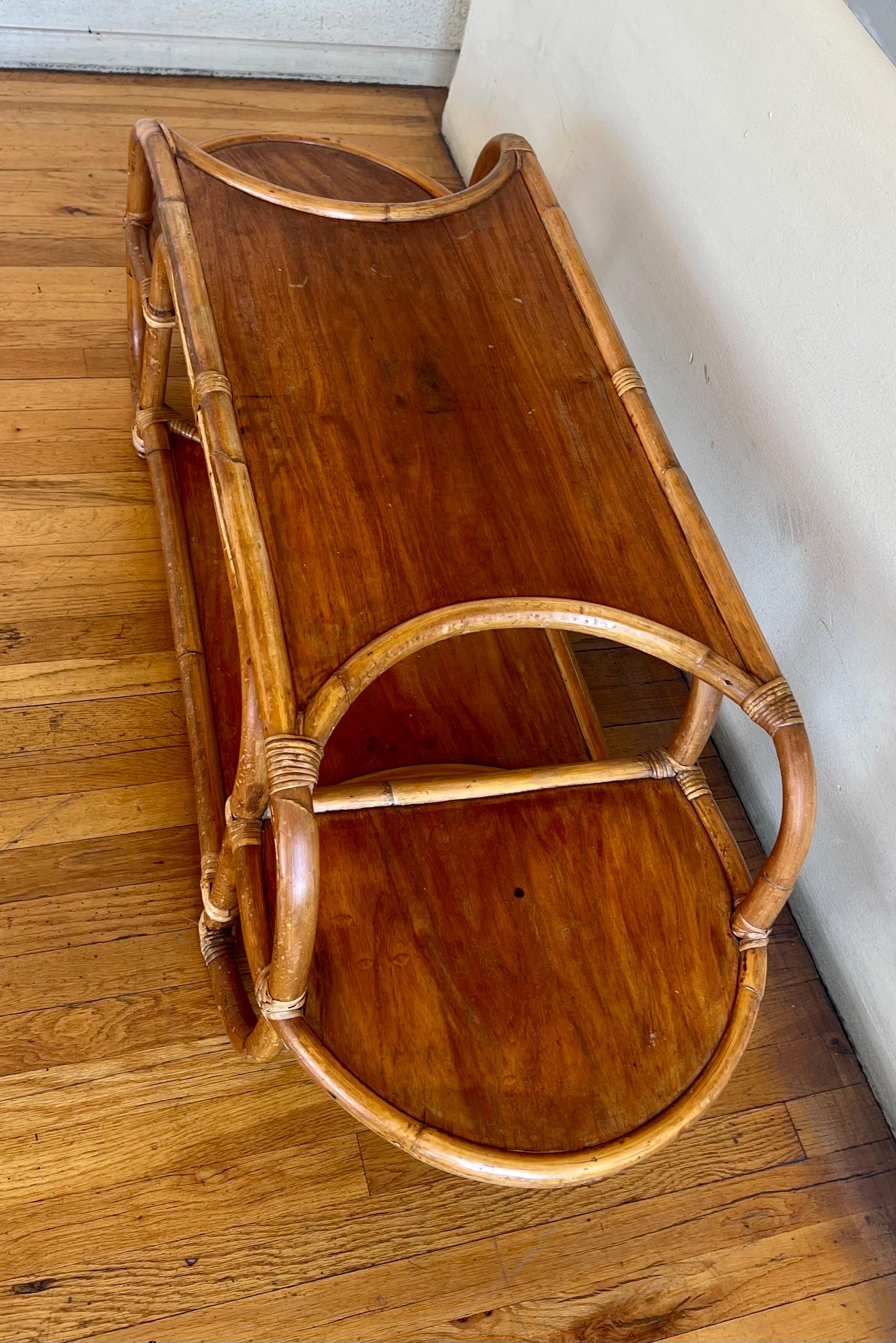 Vintage Rattan Coffee Table with Mahogany Tops For Sale 2