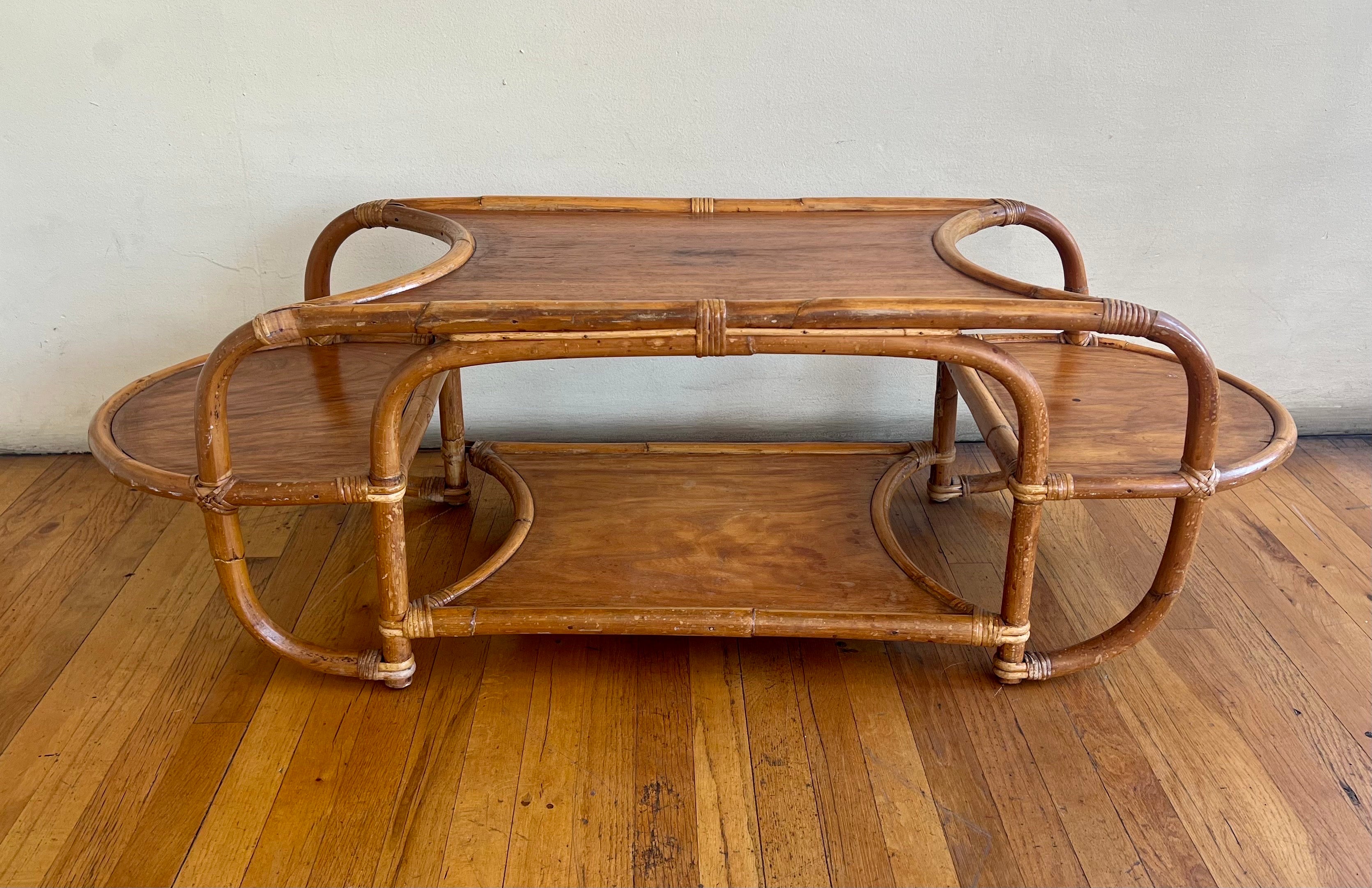 Vintage Rattan Coffee Table with Mahogany Tops For Sale at 1stDibs