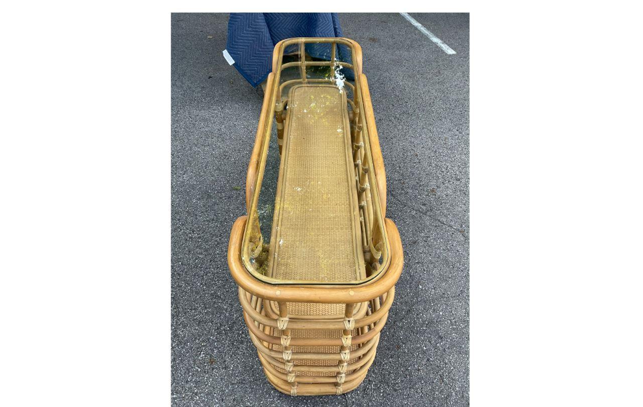20th Century Vintage Rattan Console with Glass Top For Sale