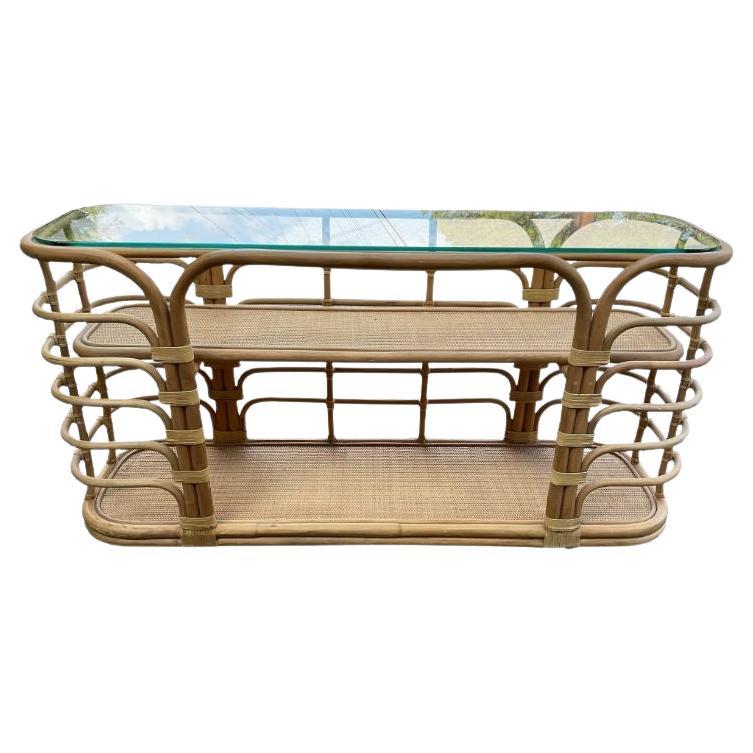 Vintage Rattan Console with Glass Top For Sale