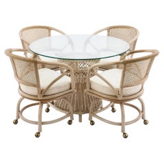 Esszimmergarnitur im Vintage-Rattan-Stil, weißer Bambustisch im Boho-Stil mit Glasplatte