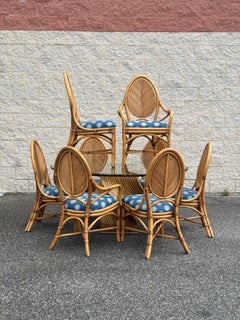 Vintage Rattan Dining Set With Sculptural Twisted Base and Round Glass Top With