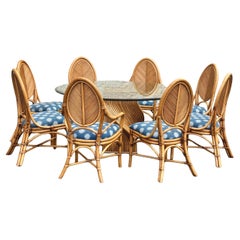 Juego De Comedor Vintage De Ratán Con Escultural Base Retorcida Y Tapa Redonda De Cristal Con