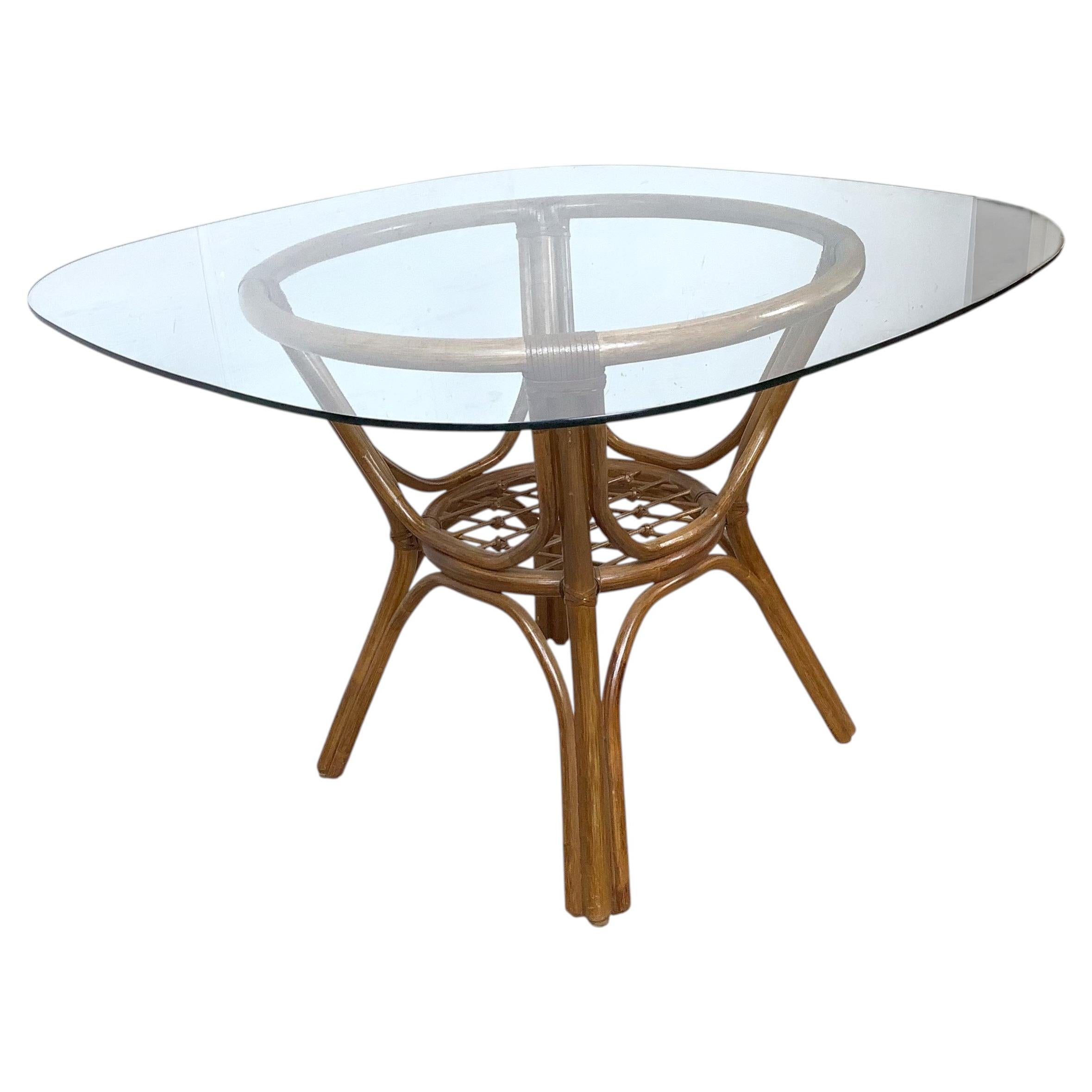 Vintage Rattan Dining Table, Sculptural Swept-Leg Base