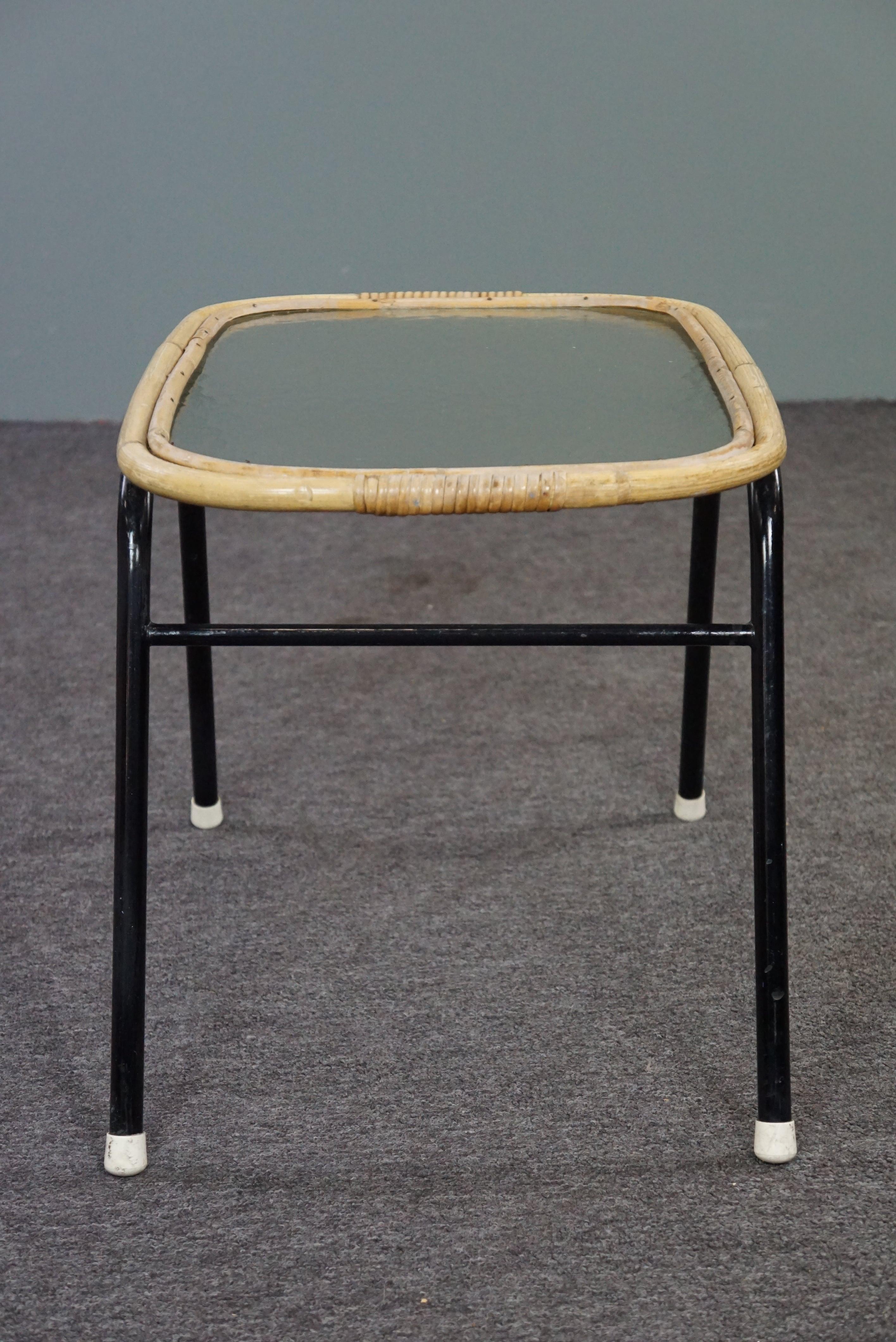 Hand-Crafted Vintage rattan Dutch Design coffee table with cloud glass top, 1960 For Sale