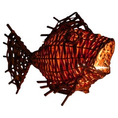 Vintage Rattan Fish Table Lamp 1970s Boho Chic Decor