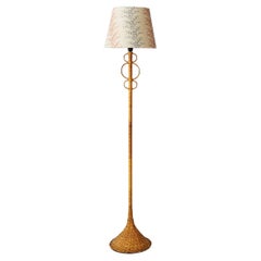 Vintage Rattan Floor Lamp with Customized Floral Shade, France, 1950s