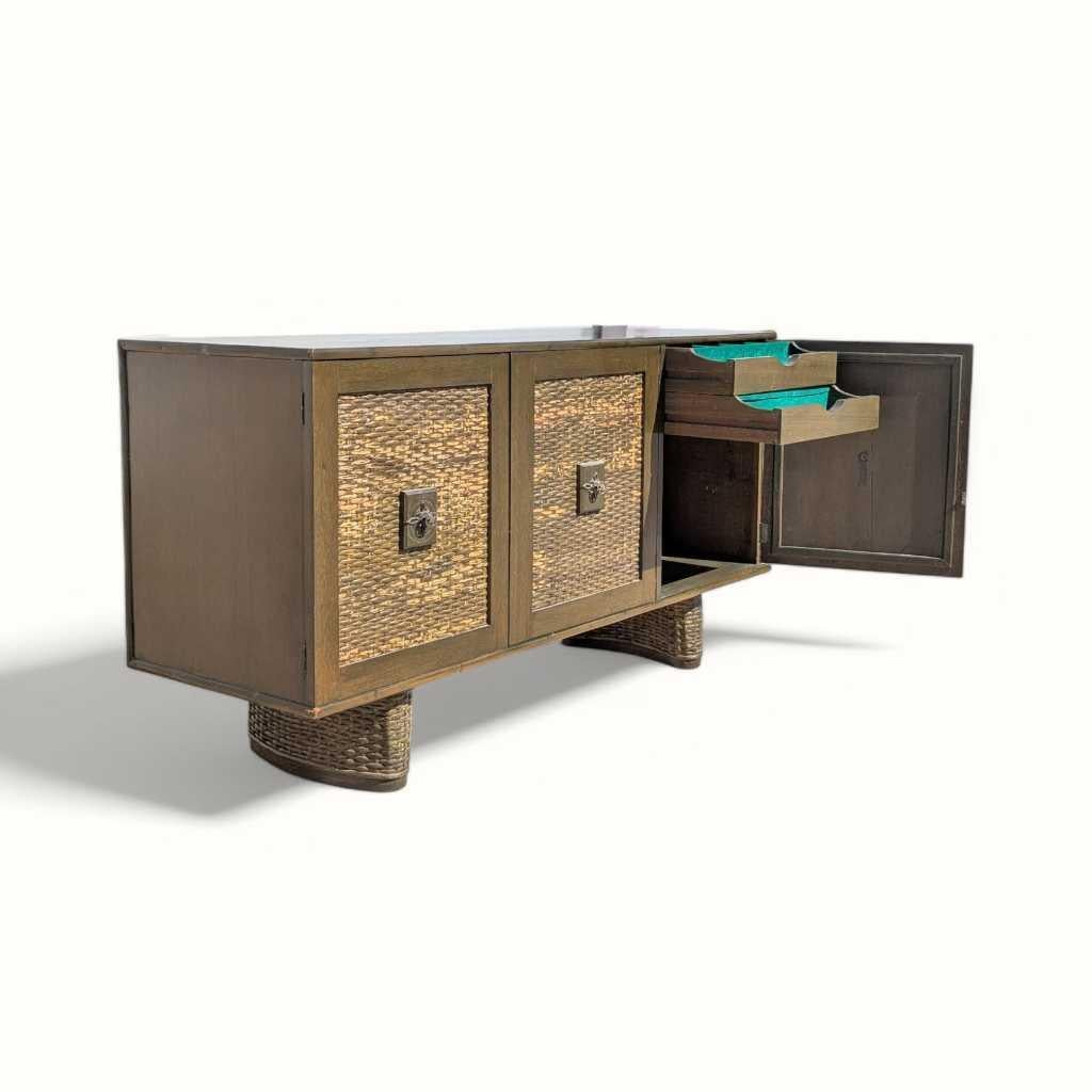 Vintage Rattan Front Buffet Cabinet, Sideboard, Mid Century Dining Room For Sale 7