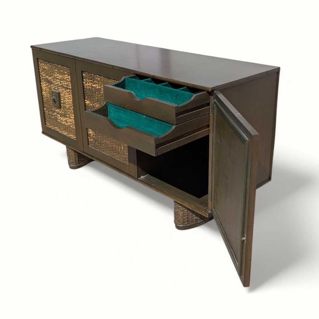 Vintage Rattan Front Buffet Cabinet, Sideboard, Mid Century Dining Room For Sale 9