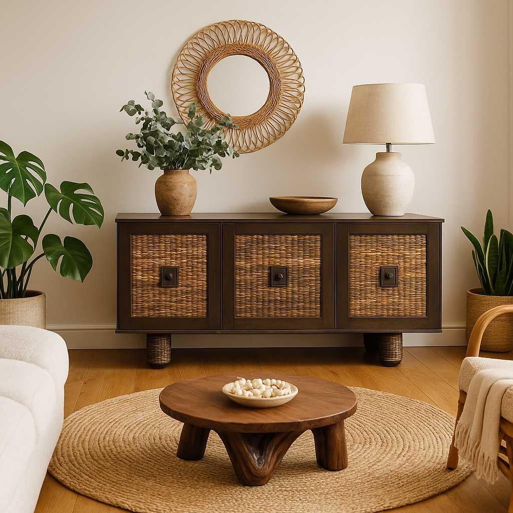 Vintage Hutch Sideboard, Buffet Cabinet, Mid Century, MCM, Kitchen, Dining Room, Wicker

A bold and beautifully textured vintage buffet cabinet featuring woven rattan door inlays and sculptural, curved plinth-style legs. This piece blends Tropical