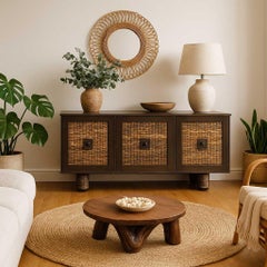 Vintage Rattan Front Buffet Cabinet, Sideboard, Mid Century Dining Room