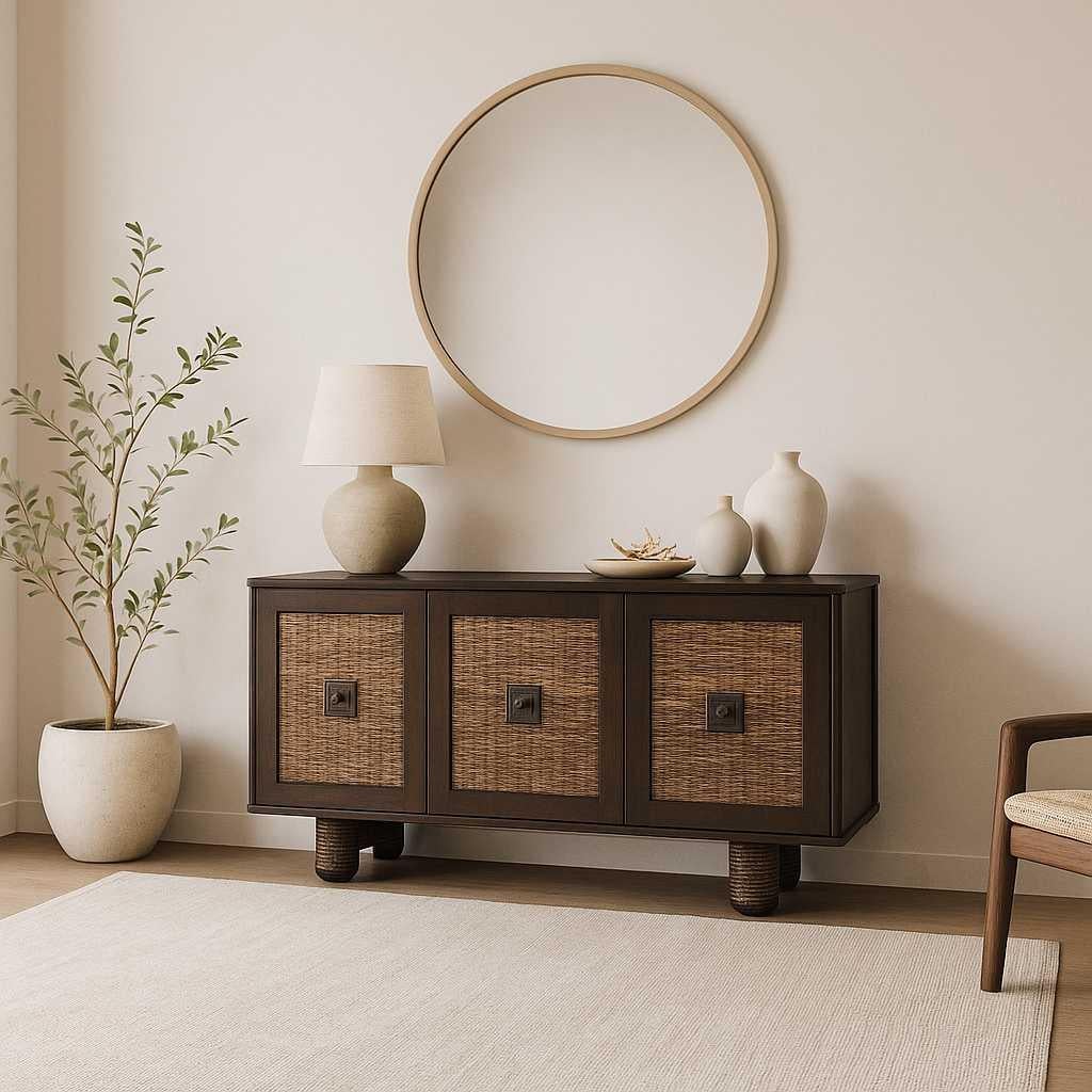 Mid-Century Modern Vintage Rattan Front Buffet Cabinet, Sideboard, Mid Century Dining Room For Sale