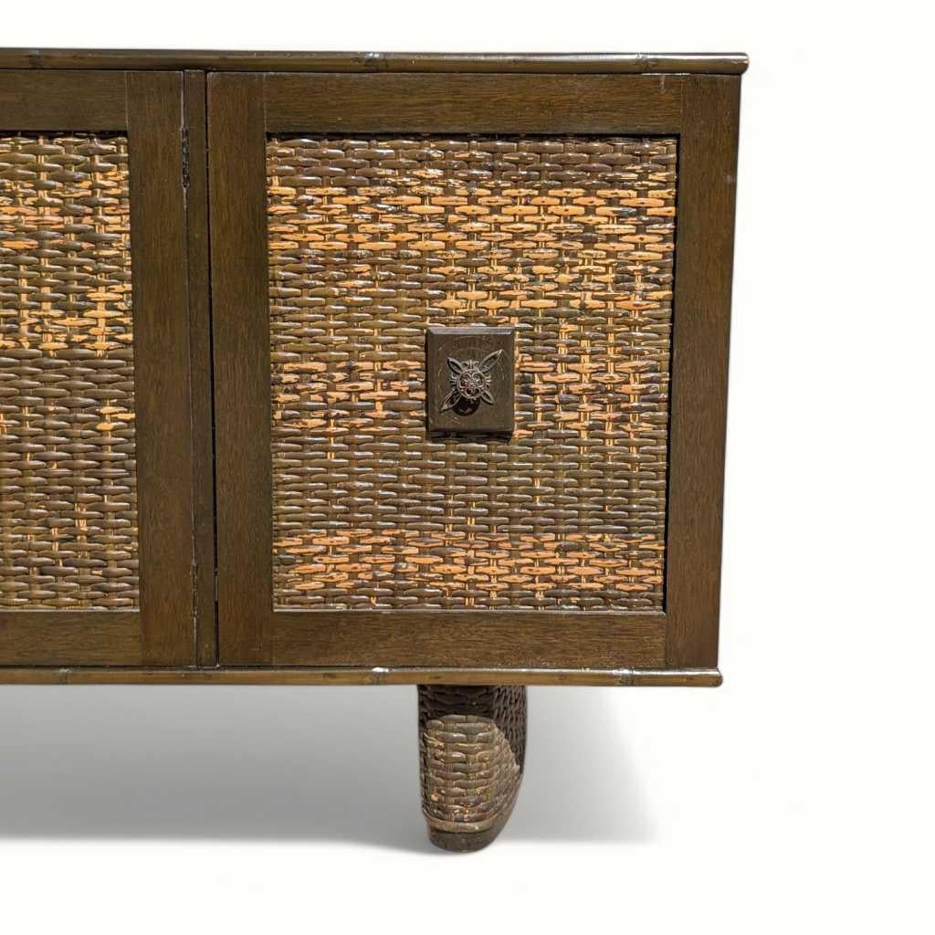 Wood Vintage Rattan Front Buffet Cabinet, Sideboard, Mid Century Dining Room For Sale