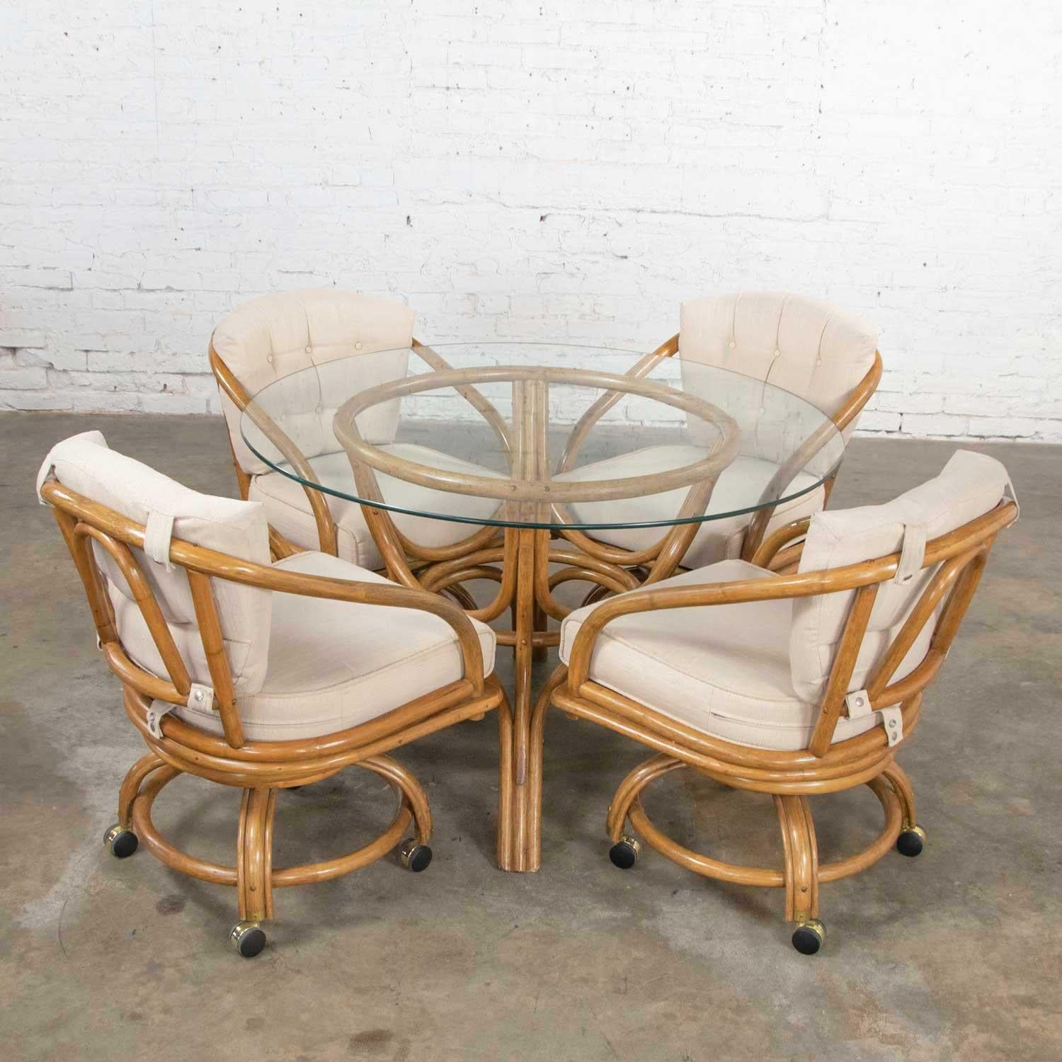 Organic Modern Vintage Rattan Game Table Set Round Glass Top Table and 4 Swivel Rolling Chairs