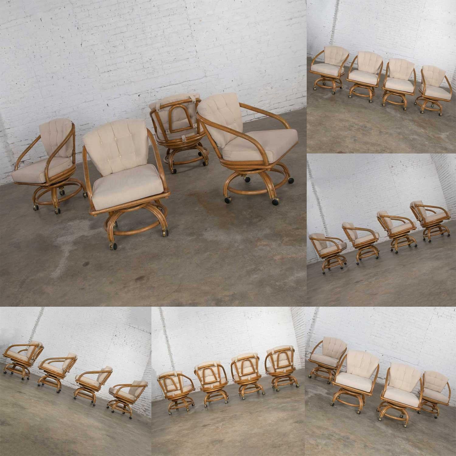 Unknown Vintage Rattan Game Table Set Round Glass Top Table and 4 Swivel Rolling Chairs