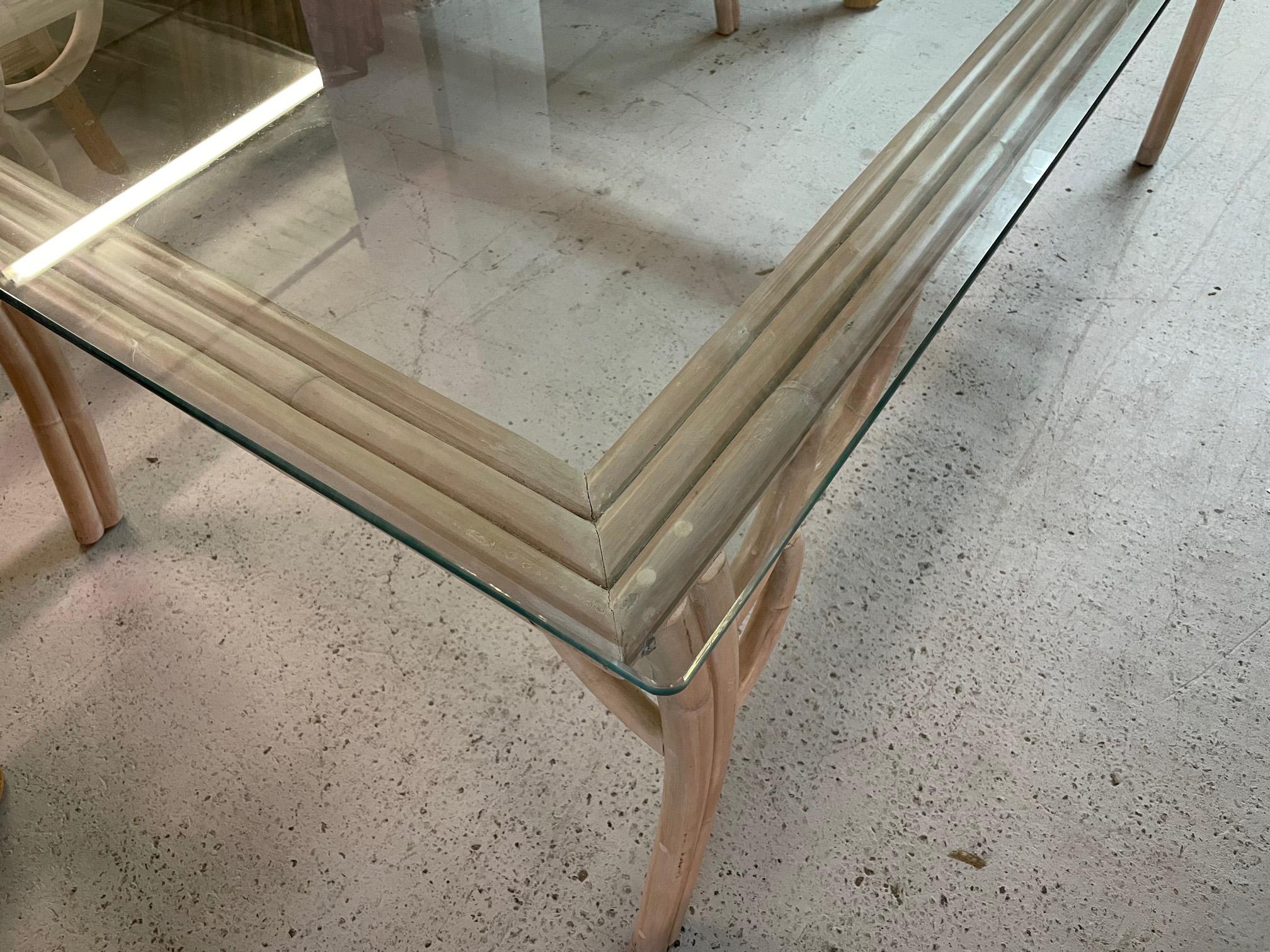 Vintage Rattan Glass Top Dining Table In Good Condition For Sale In Jacksonville, FL