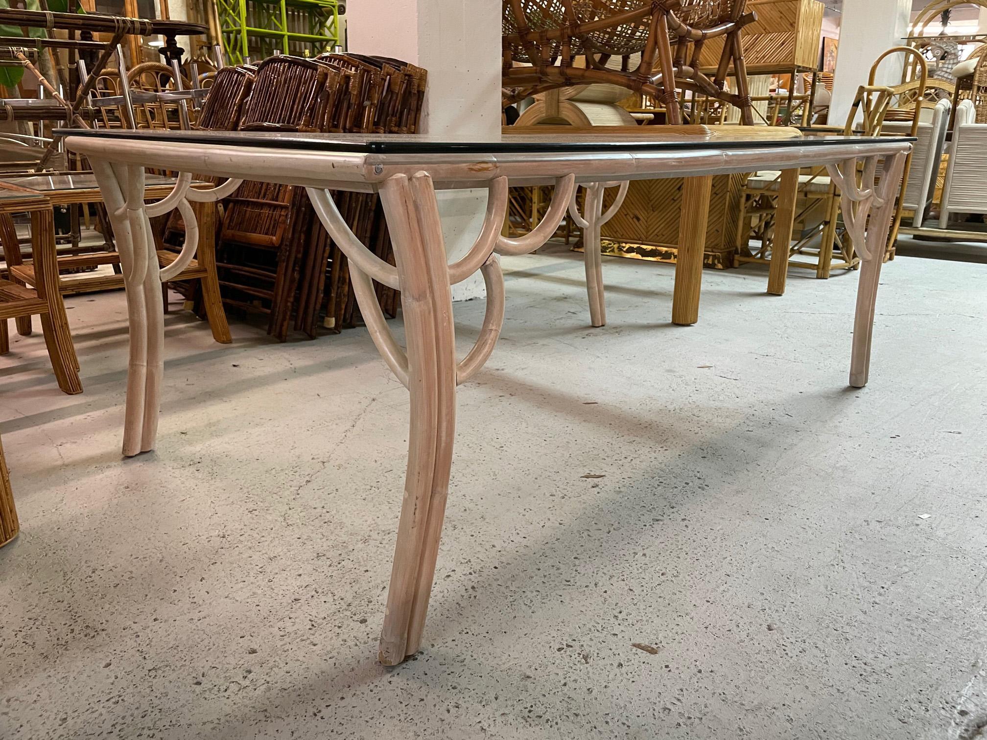 Vintage Rattan Glass Top Dining Table For Sale 3