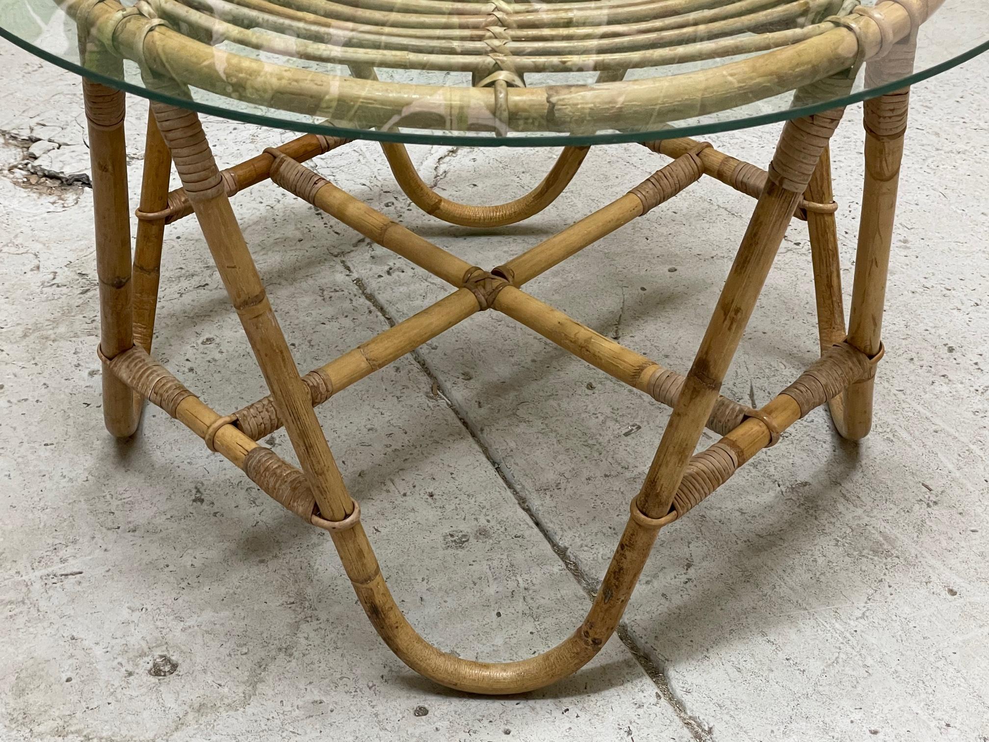 Organic Modern Vintage Rattan Glass Top Side Table