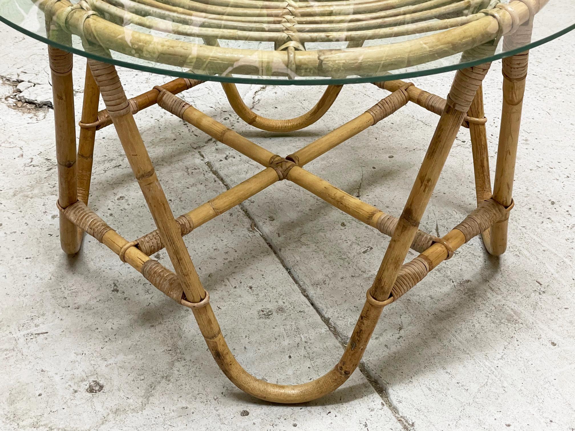 20th Century Vintage Rattan Glass Top Side Table For Sale