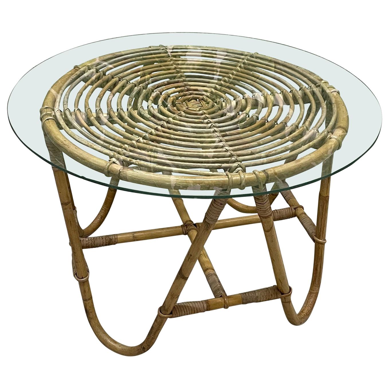 Vintage Rattan Glass Top Side Table