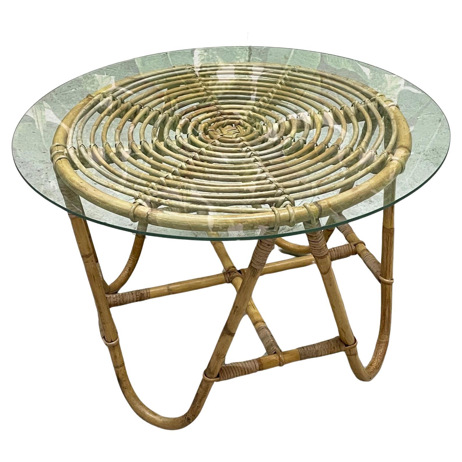 Vintage Rattan Glass Top Side Table For Sale