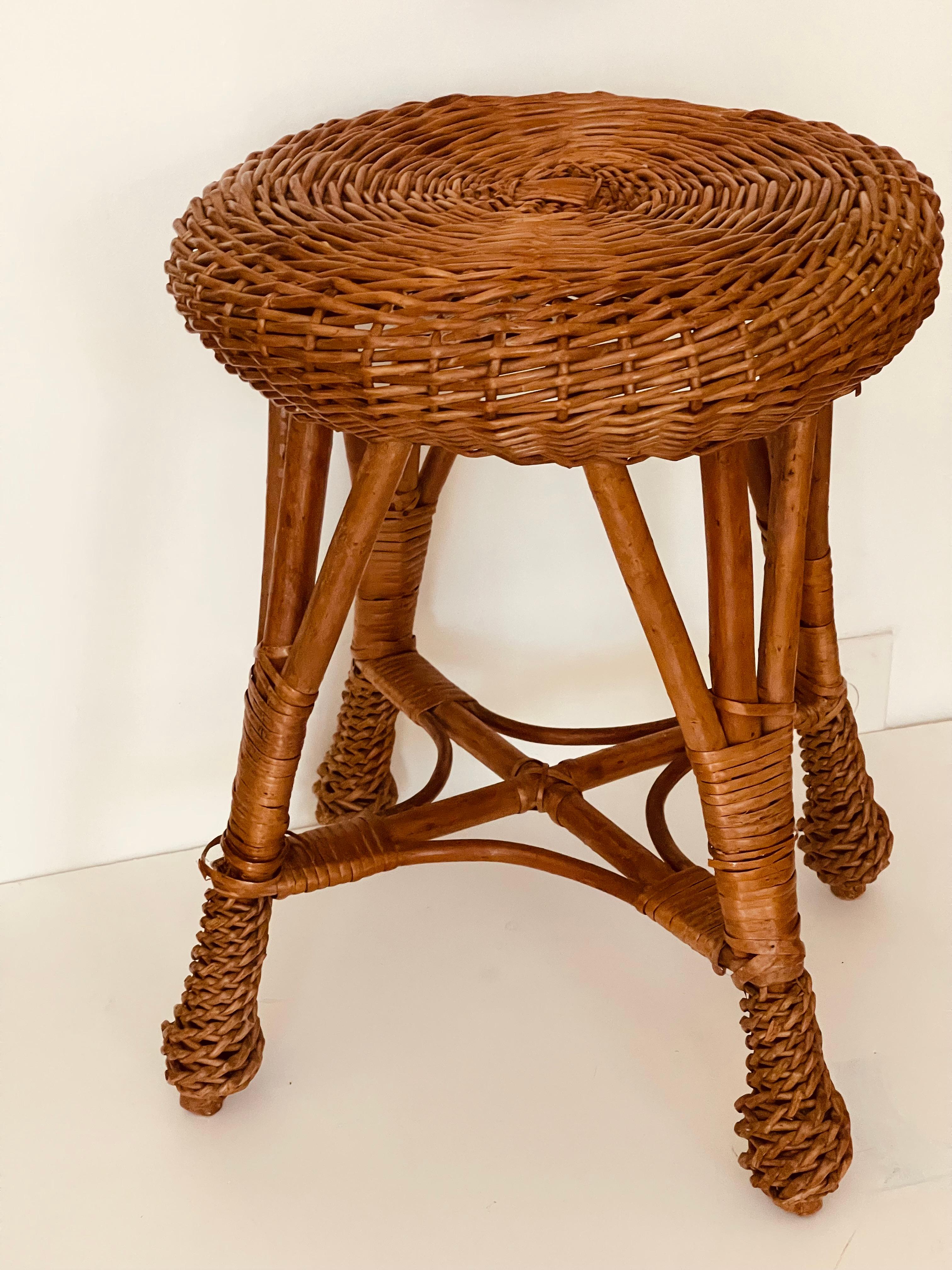 Organic Modern Vintage Rattan Handwoven Stool or Plant Stand For Sale