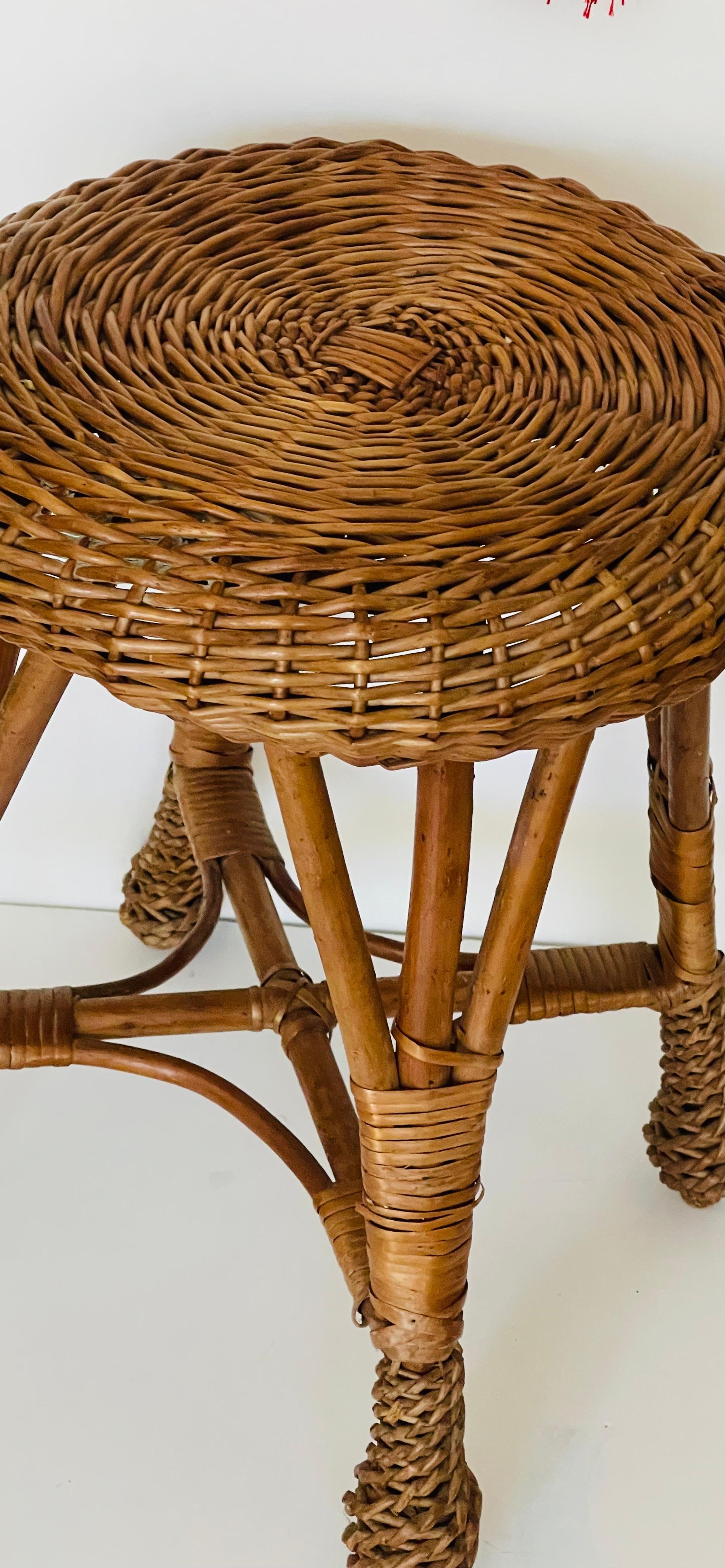 American Vintage Rattan Handwoven Stool or Plant Stand For Sale