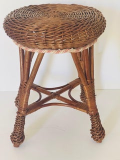 Vintage Rattan Handwoven Stool or Plant Stand with Lambskin Pillow