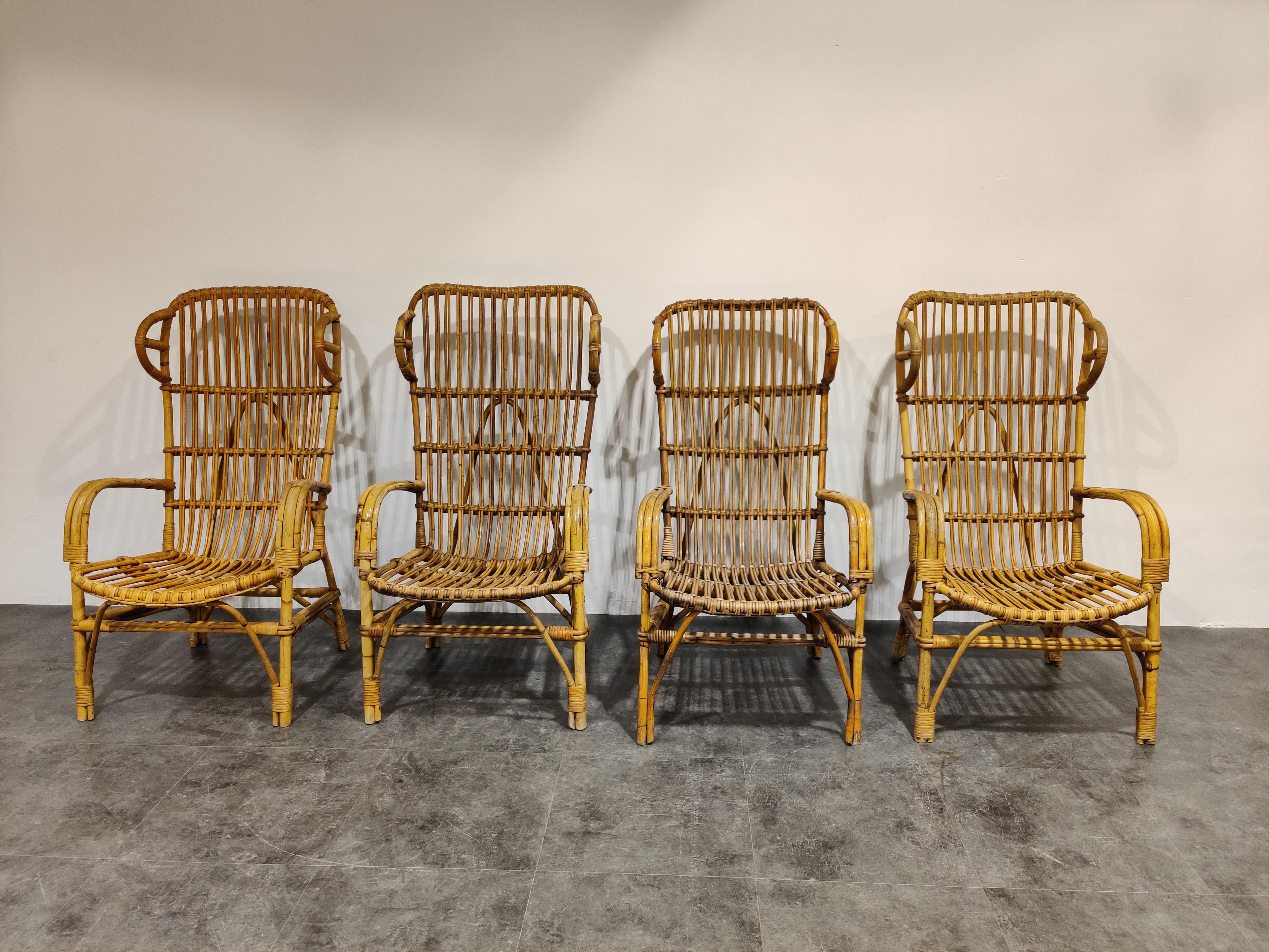 Unique high-back rattan lounge chairs.

Beautifully designed.

Good condition.

1960s, Belgium

Measures: Height 120cm/47.24