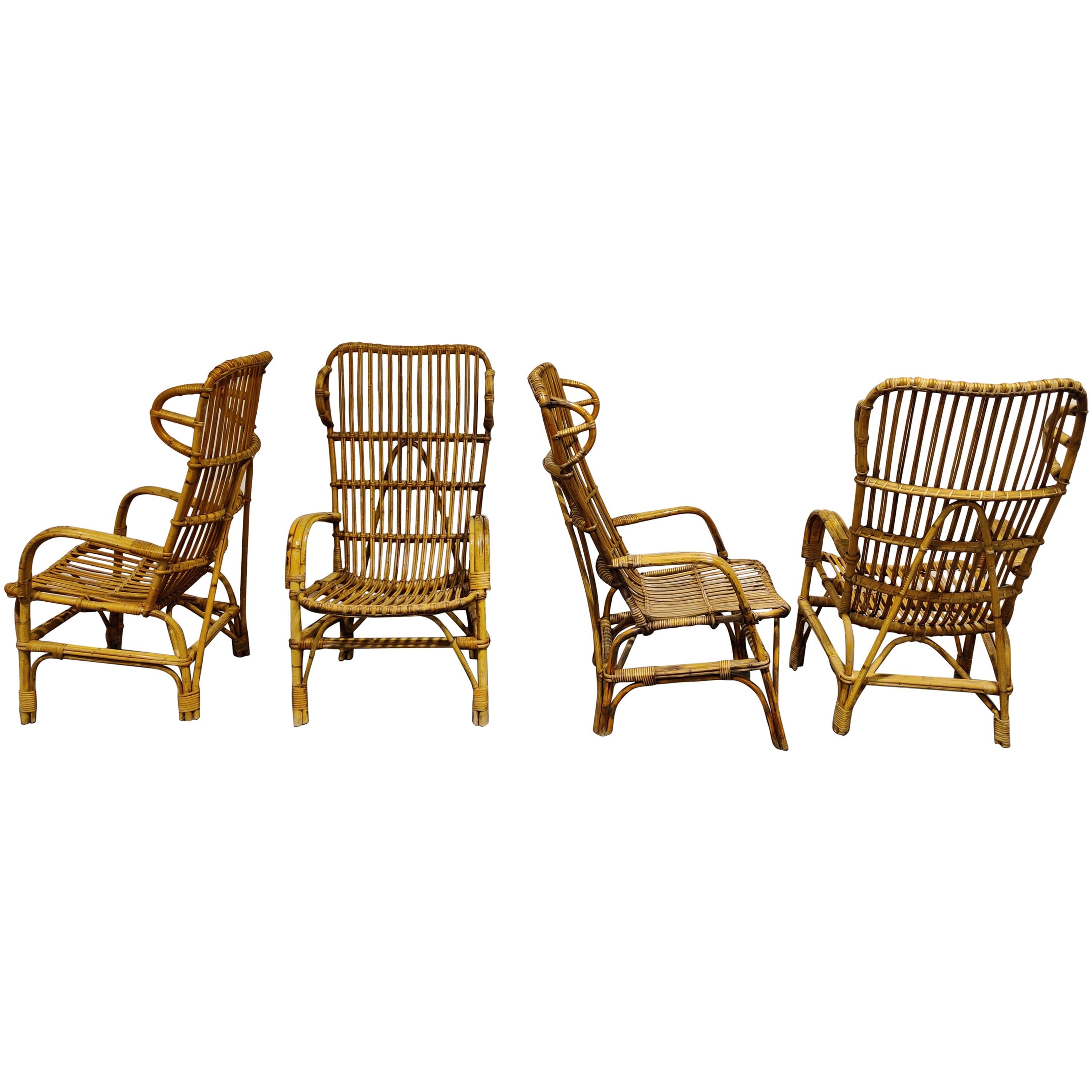 Vintage Rattan High Back Lounge Chairs, 1960s