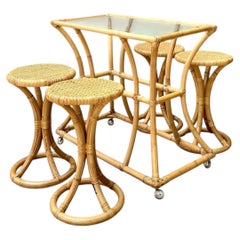 Vintage Rattan High Top Table With Coordinating Stools - Set Of 5