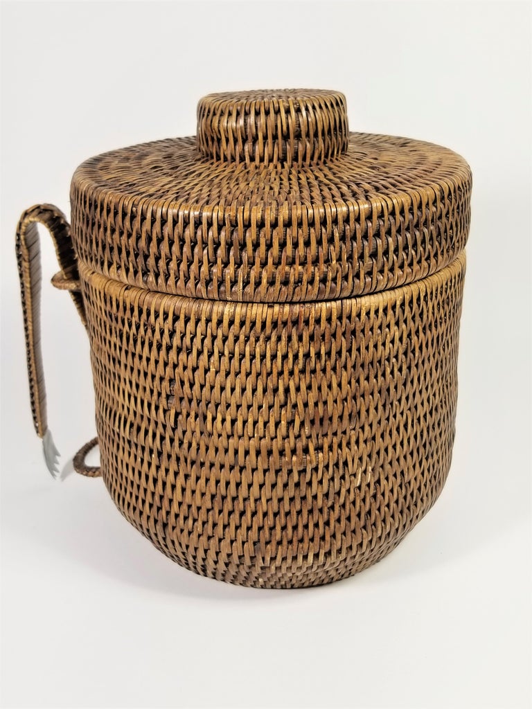 Vintage Rattan Ice Bucket with Tongs at 1stDibs