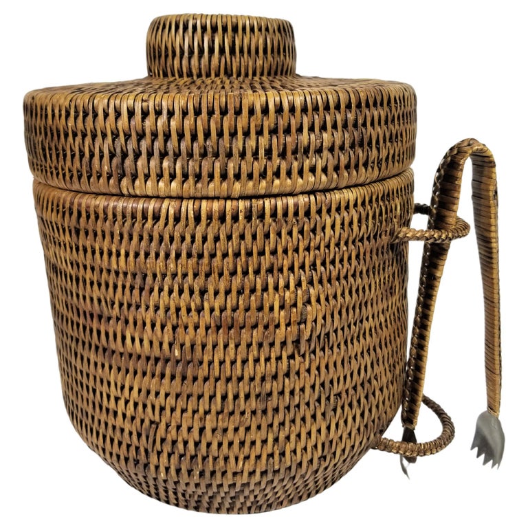 Vintage Rattan Ice Bucket with Tongs For Sale at 1stDibs