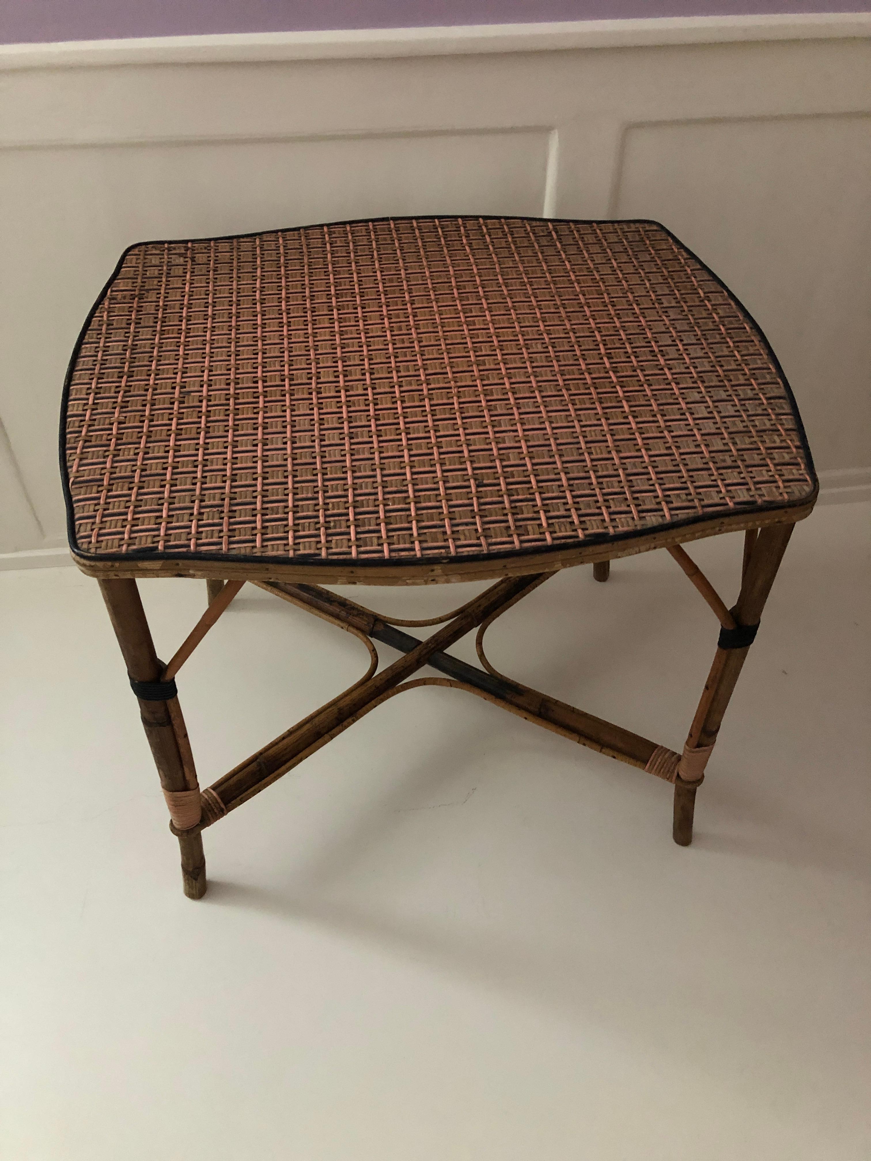 Hand-Woven Vintage Rattan Intimate Tea Table with Pink Woven Details, France 1920s