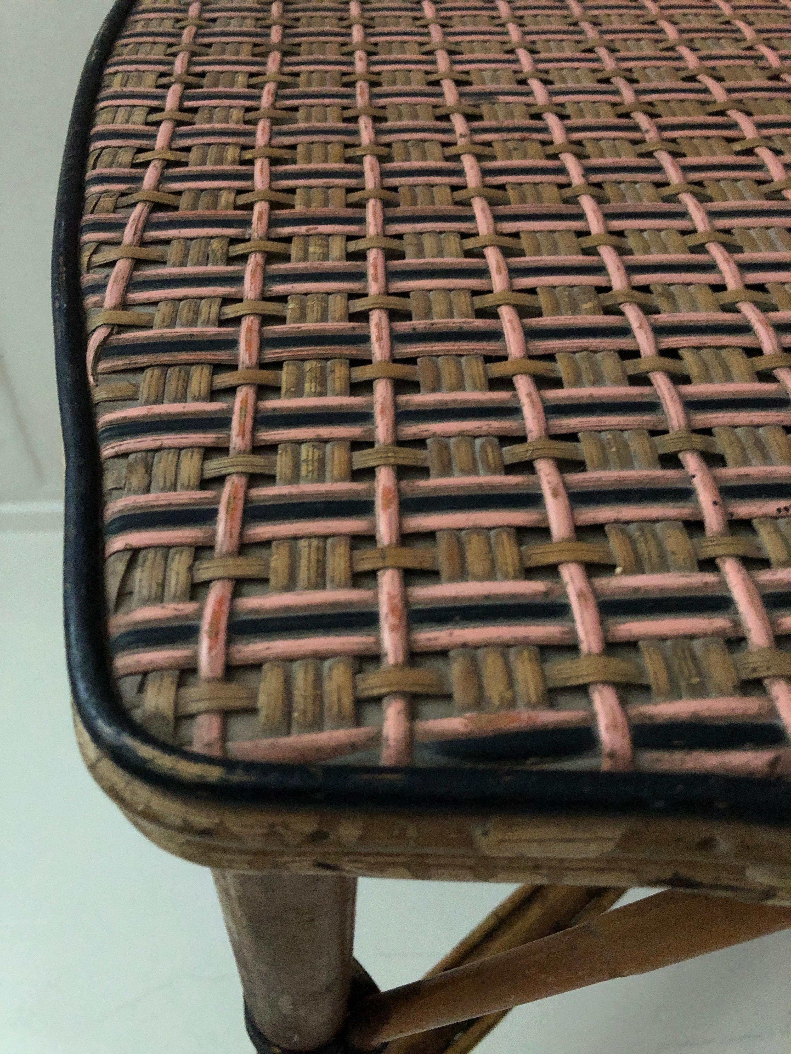 Vintage Rattan Intimate Tea Table with Pink Woven Details, France 1920s 1