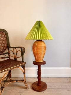 Vintage Rattan Laquered Table Lamp with Braided Detail & Handpainted Lamp Shade