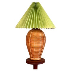 Vintage Rattan Laquered Table Lamp with Braided Detail & Handpainted Lamp Shade