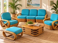Vintage Rattan Living Room Suite in the Style of Paul Frankl, J.R.B. Tokyo, 1947