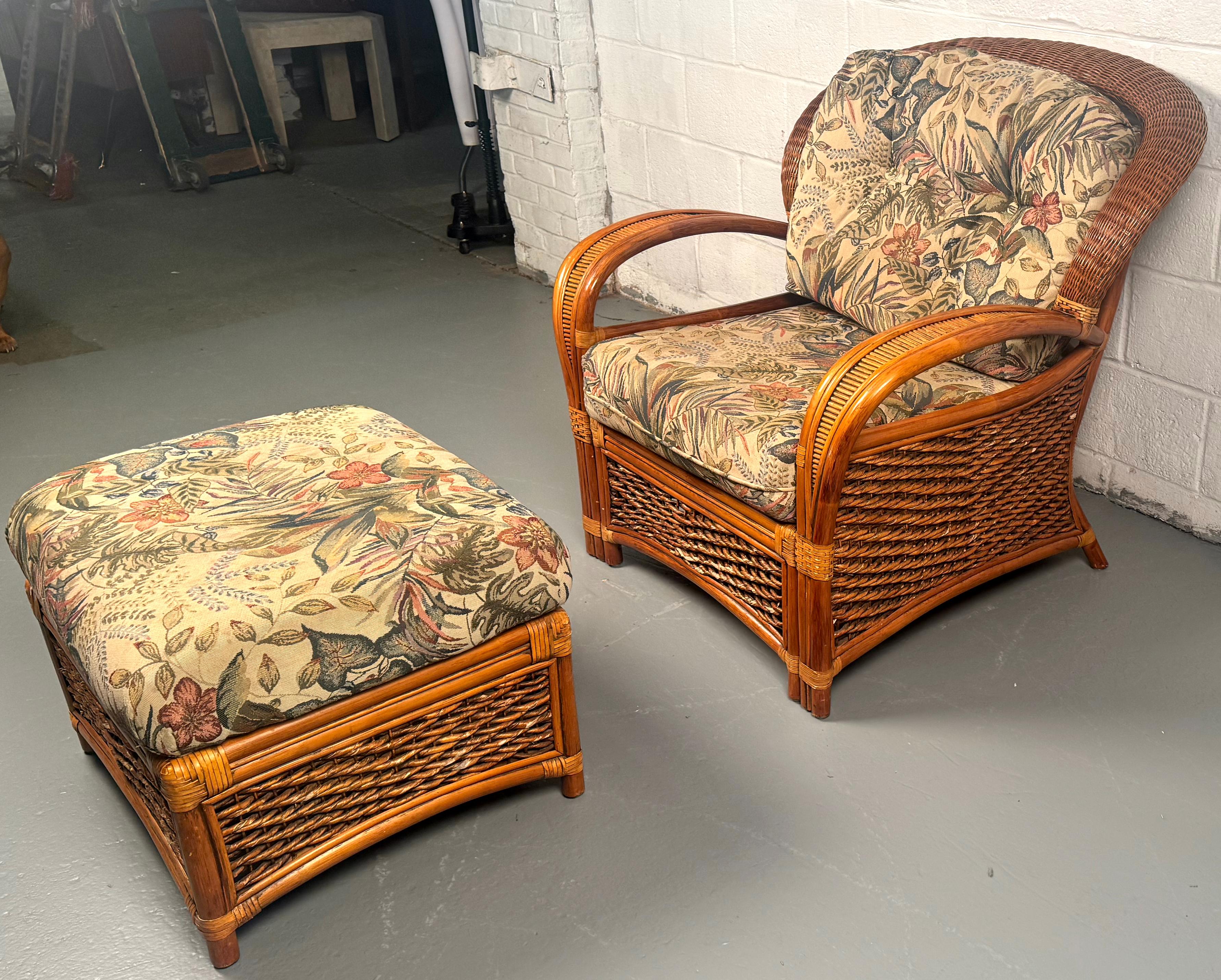 Relaxation takes shape in this stunning mid‑century rattan lounge chair and ottoman set, crafted by Palm Springs Rattan. Designed for leisurely afternoons and breezy interiors, this classic duo melds comfort with timeless, resort-style